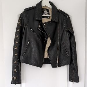 Scotch & Soda Black Leather Jacket with Gold Studs